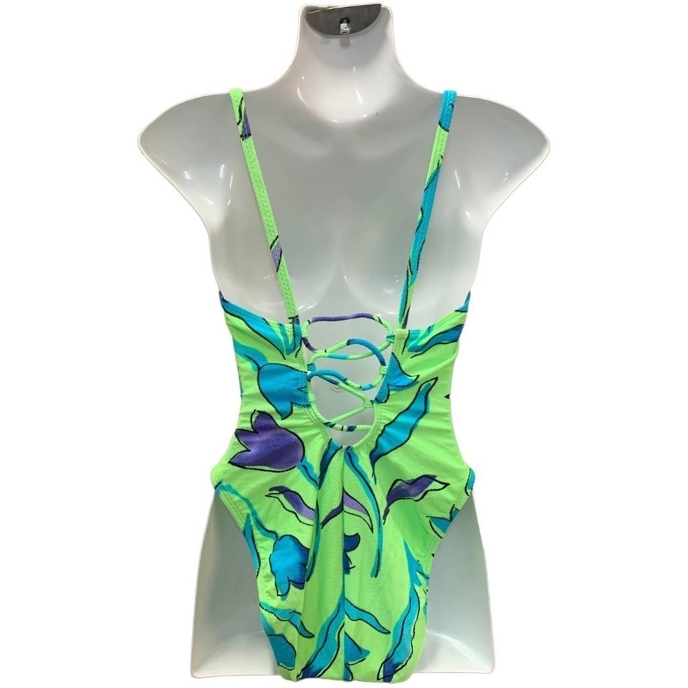 La Blanca Vtg Cheeky 80s 90s High Cut Aqua Blue Neon Green One‎ Piece Swim 12 - Picture 2 of 12